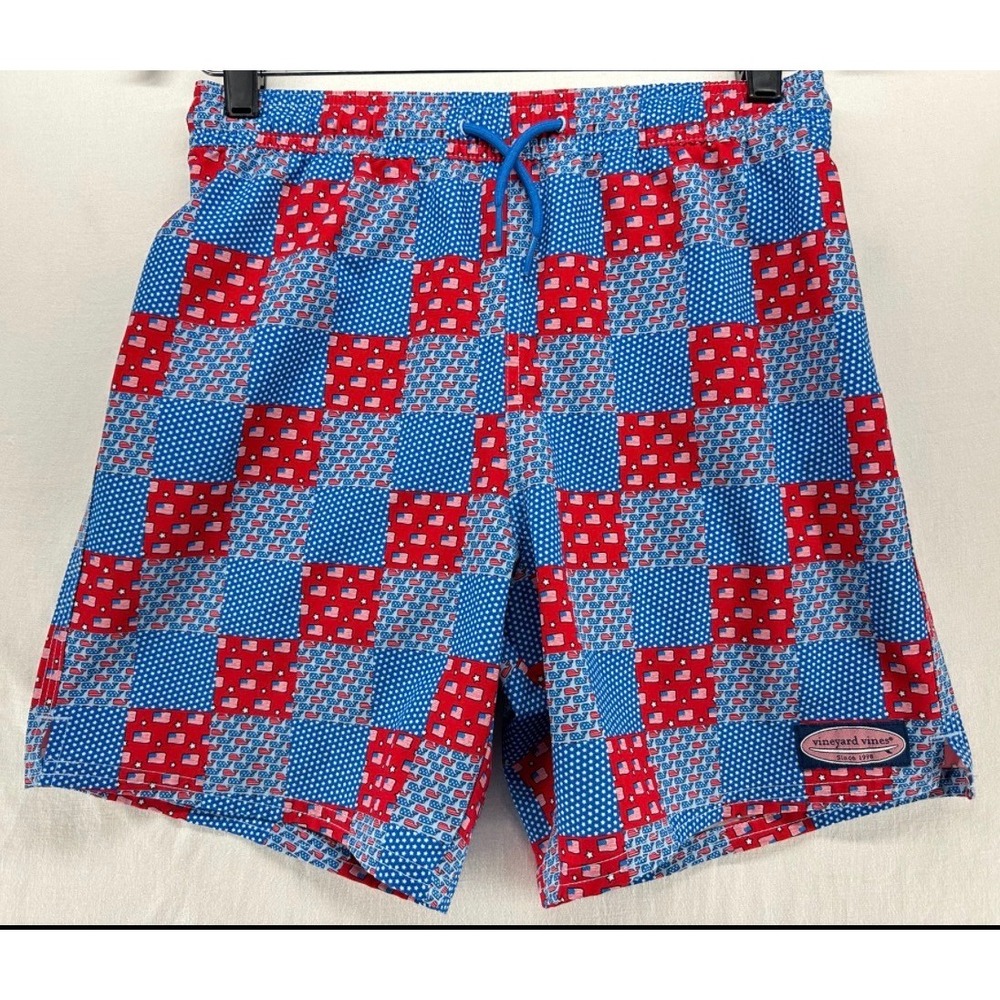 Vineyard Vines Boys Swim Trunks L Patriotic‎ American Flag Patchwork Blue Red